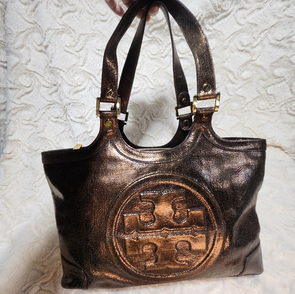 EUC TORY BURCH METALLIC BROWN/BRONZ BAG GOLD HARDWARE FULL ZIP - Picture 2 of 16